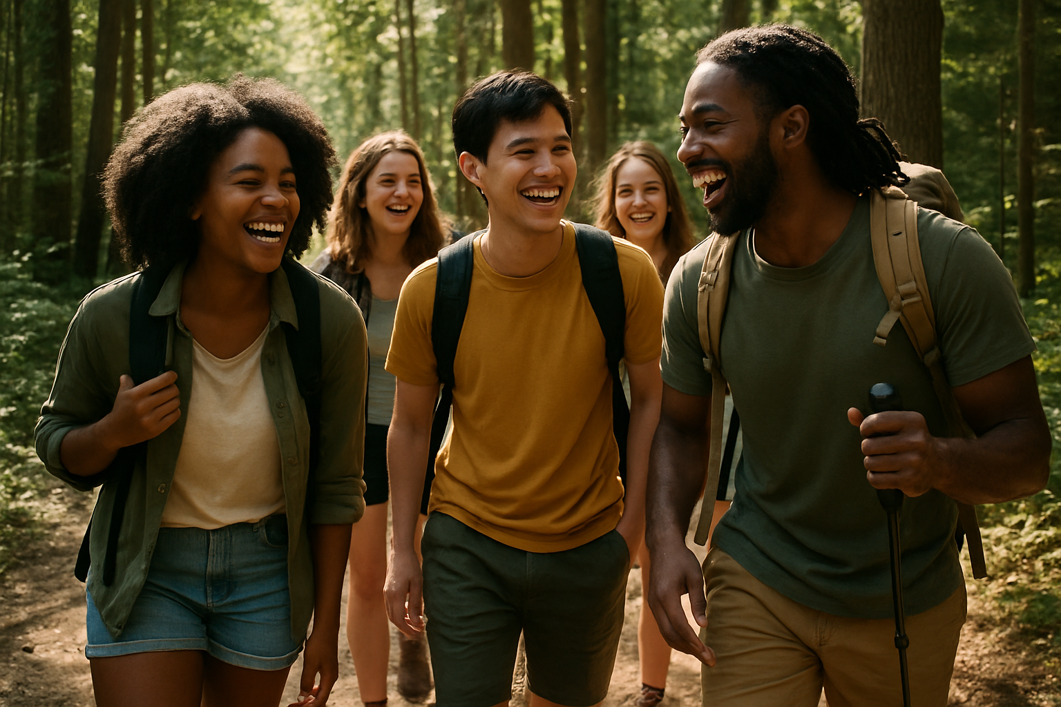 Group hiking together on a forest trail