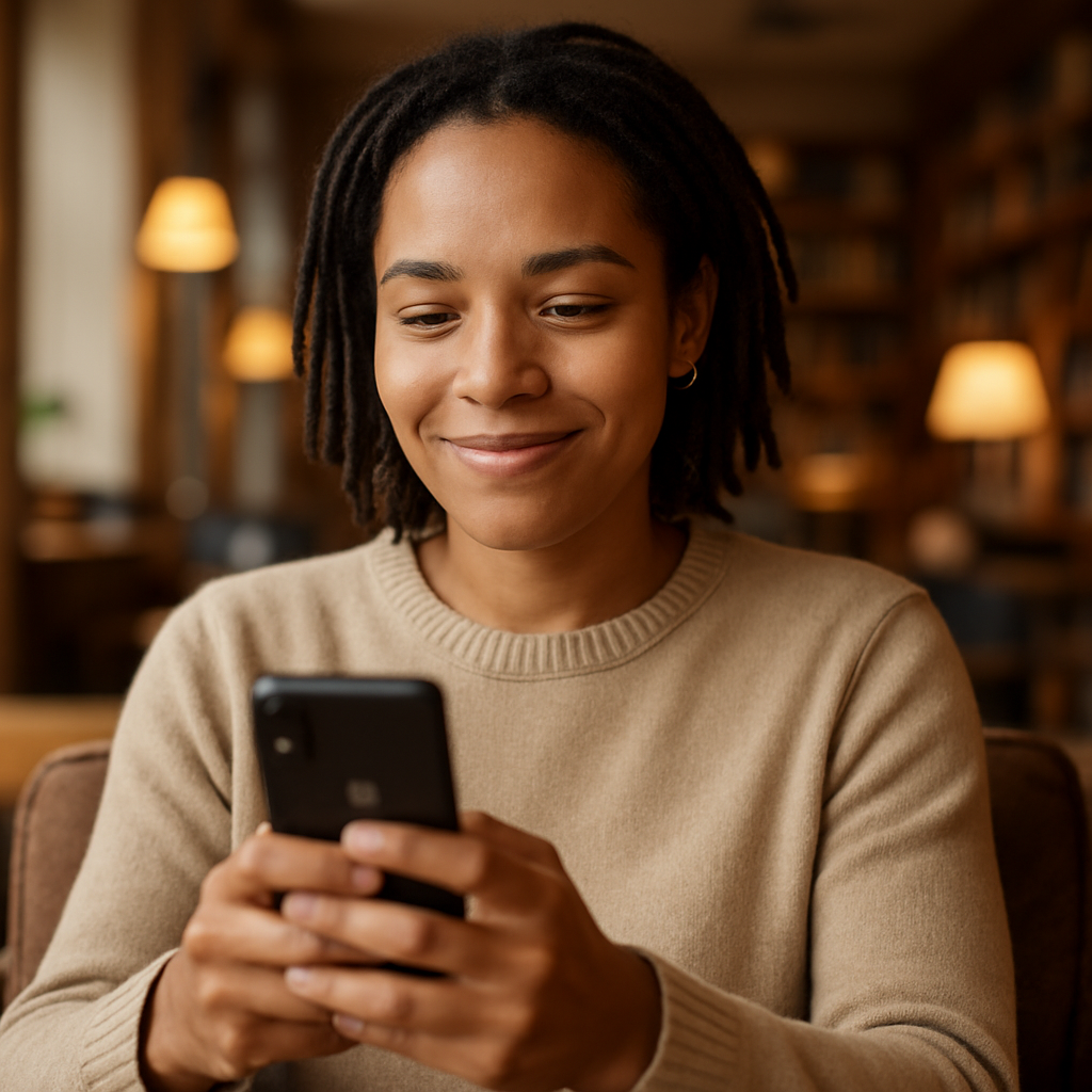Person confidently using smartphone in café