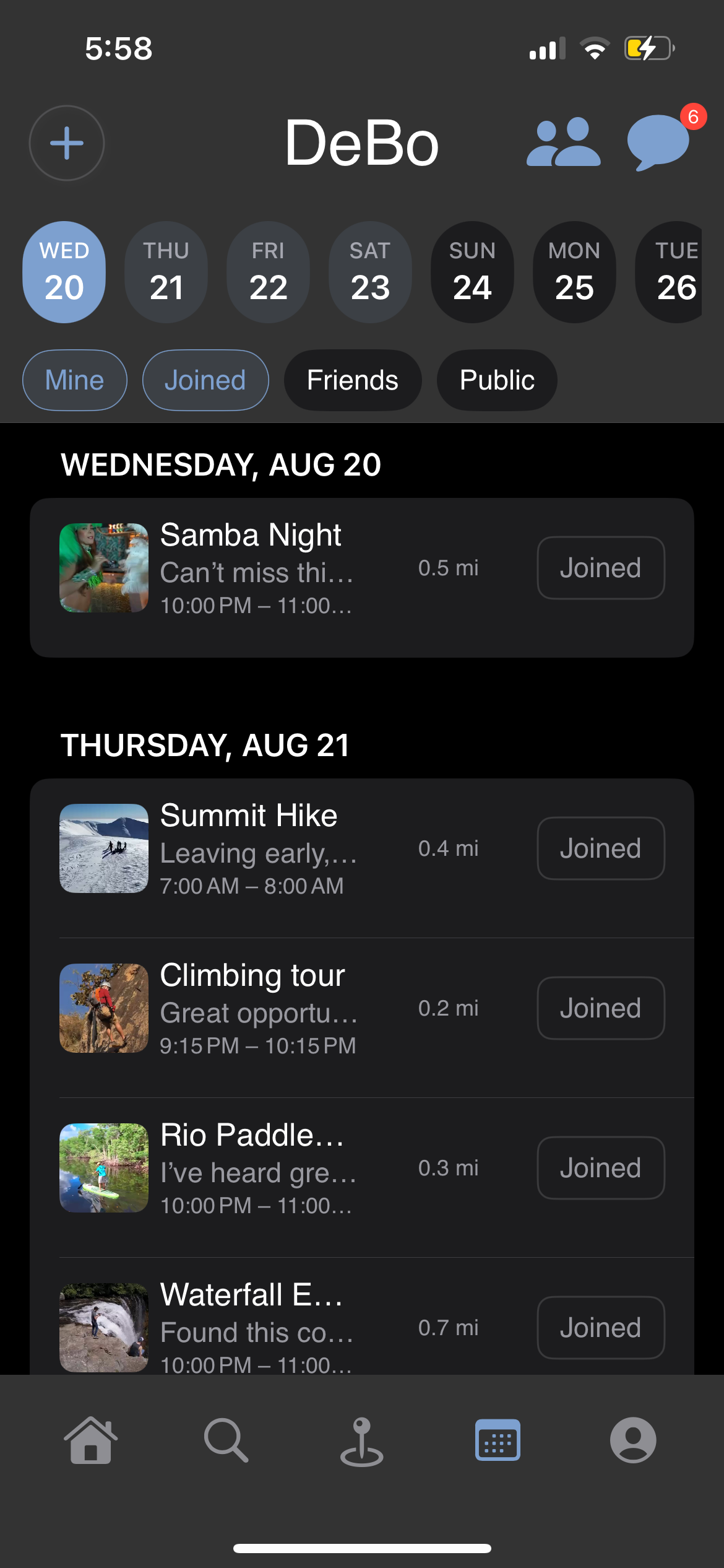 Agenda-style calendar with a horizontal day scroller and Join/Request buttons