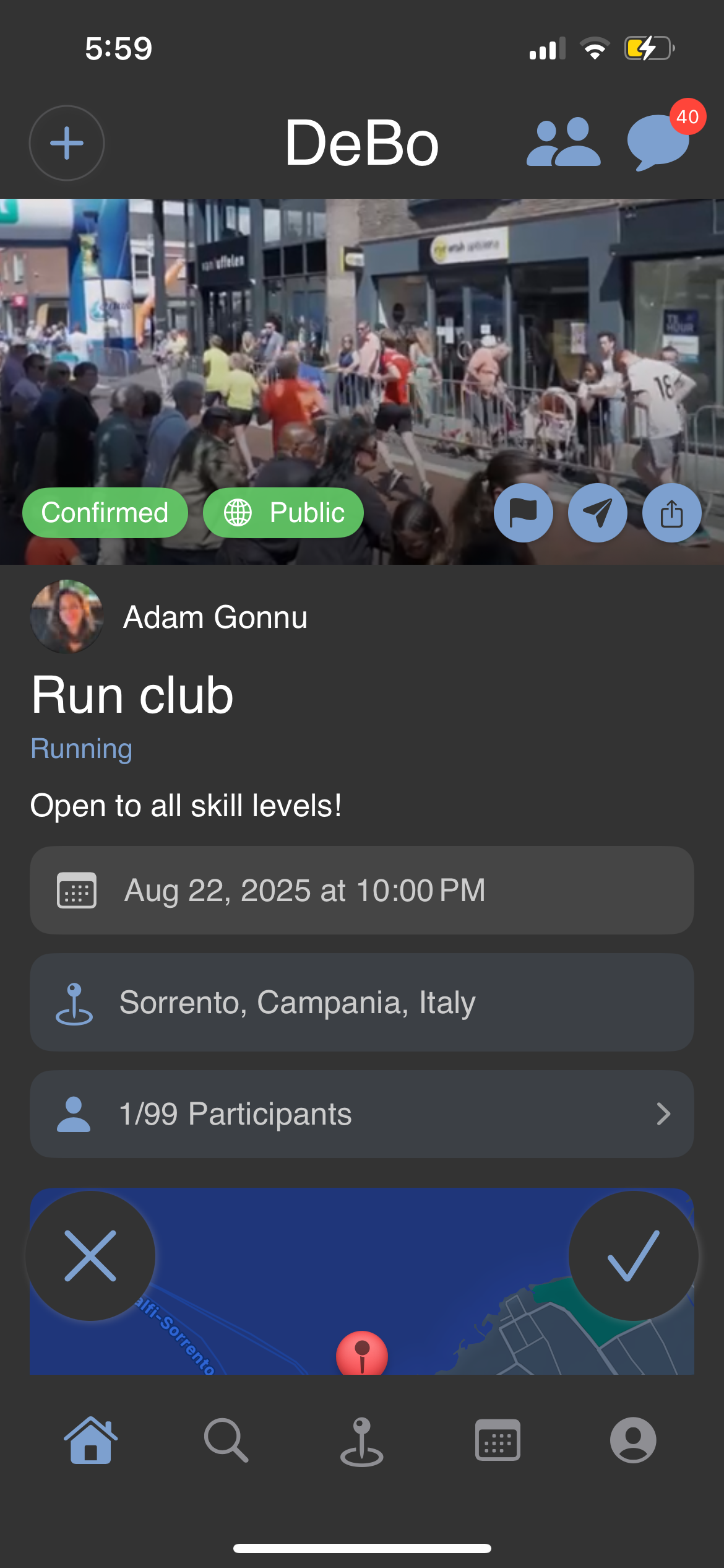 Event Feed deck with photos, video, and a floating Yes/No response bar